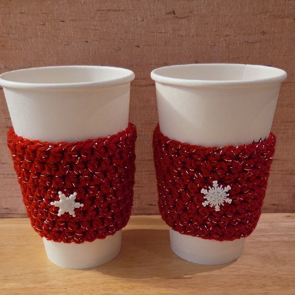 Red Crochet Coffee Cup Sleeves with Snowflake Design